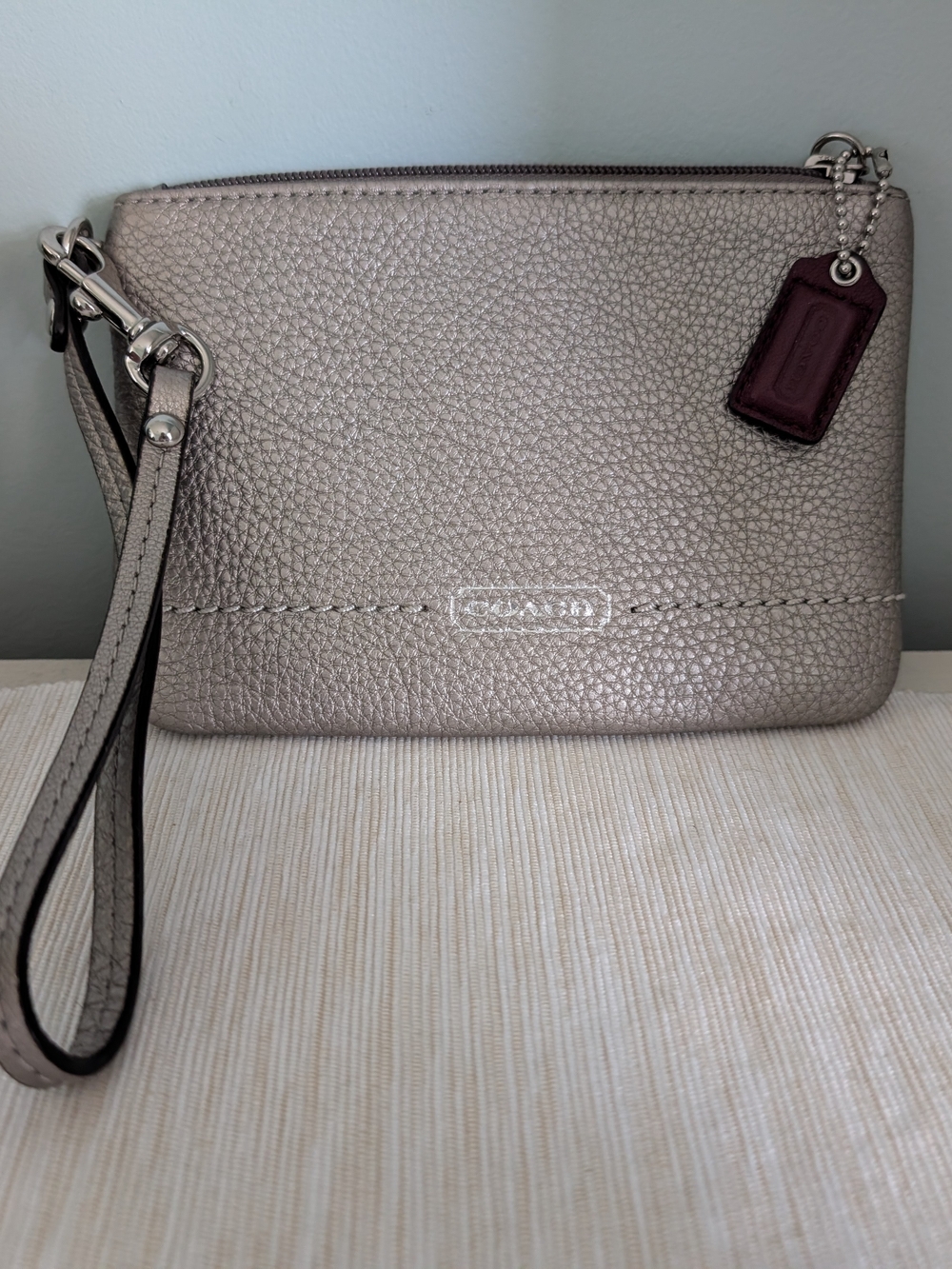 Coach Metallic Pebbled Leather Wristlet in Silver-Taupe